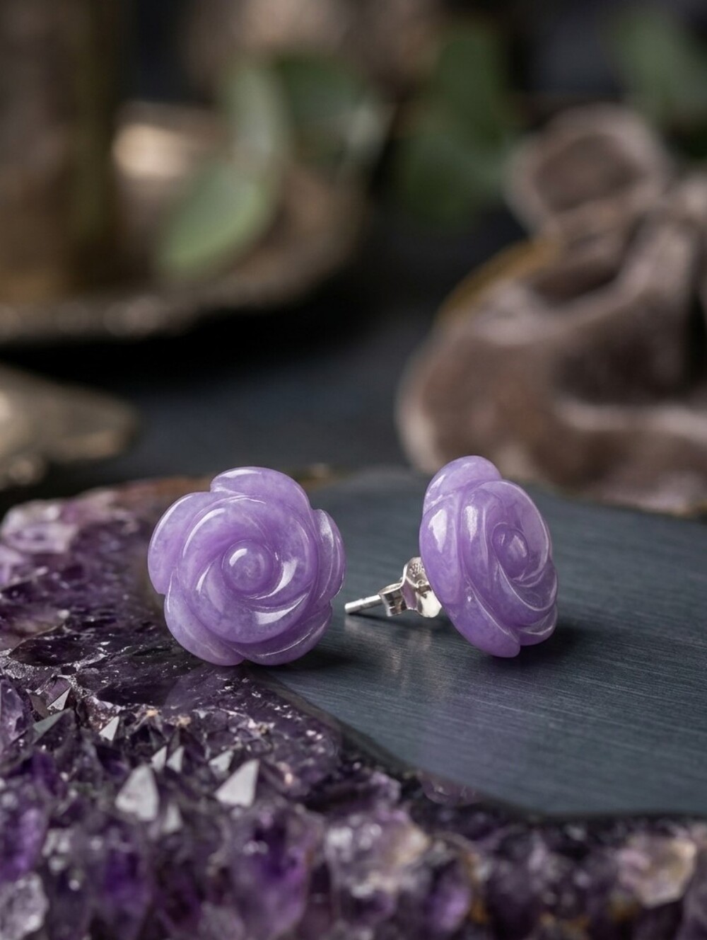 Purple Jade (D) Carved Rose Stud Earrings Rhodium Over Sterling Silver 23.50 CTW